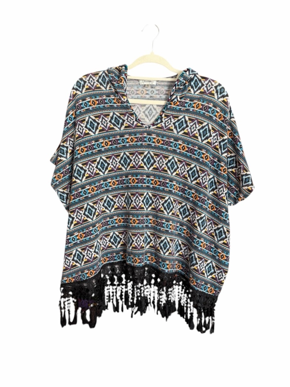 Olsenboye Boho Fringe V-Neck Printed Poncho Top - Teal Multi